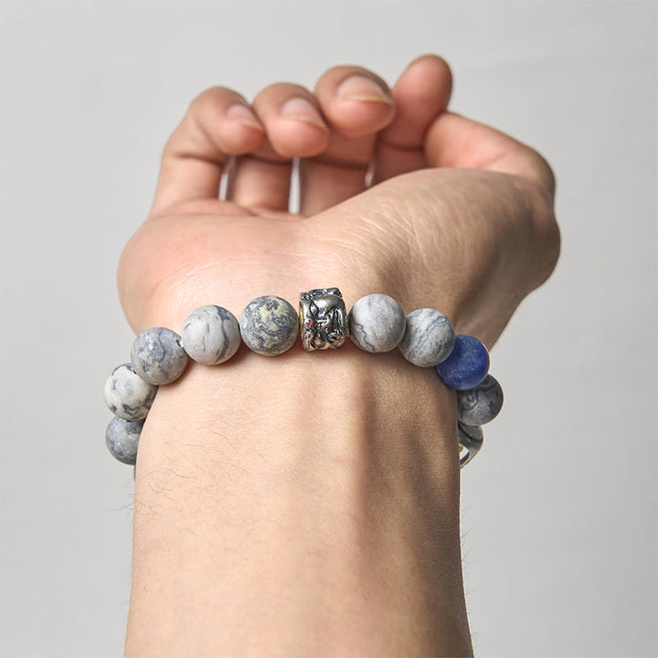 Bransoletka Om Mani Padme Hum Buddy z Buddha Stones, naturalnym szarym jaspisem i sodalitem, z efektem uzdrawiającej twarzy - image 3