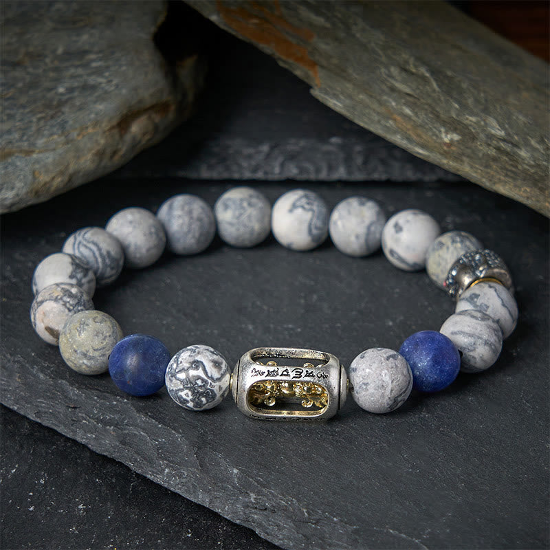 Bransoletka Om Mani Padme Hum Buddy z Buddha Stones, naturalnym szarym jaspisem i sodalitem, z efektem uzdrawiającej twarzy - image 1