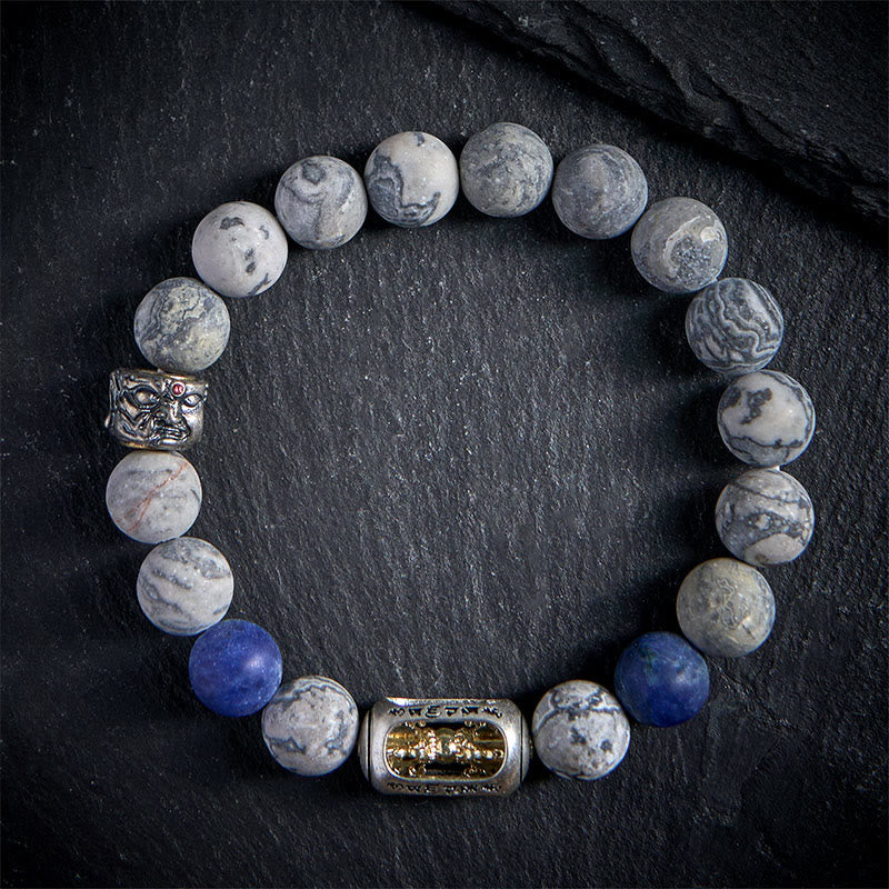 Bransoletka Om Mani Padme Hum Buddy z Buddha Stones, naturalnym szarym jaspisem i sodalitem, z efektem uzdrawiającej twarzy - 20 cm - image 0