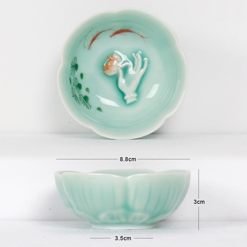 Buddha Stones Koi, Lotos, Filiżanka do herbaty Kung Fu - Czerwona ryba Koi i dłoń 8,8 cm * 3 cm * 3,5 cm - image 8