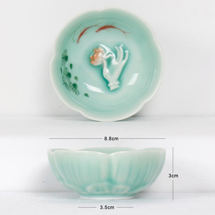 Buddha Stones Koi, Lotos, Filiżanka do herbaty Kung Fu - Czerwona ryba Koi i dłoń 8,8 cm * 3 cm * 3,5 cm - image 8
