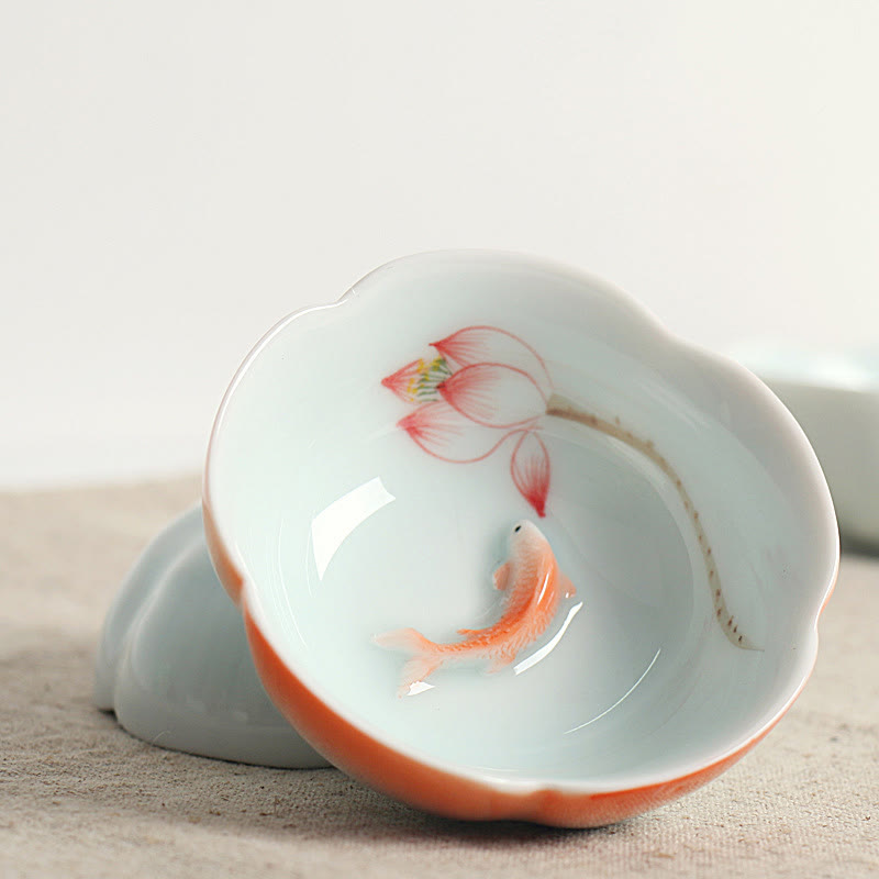 Buddha Stones Koi, Lotos, Filiżanka do herbaty Kung Fu - Czerwona ryba Koi i czerwony lotos 8,8 cm * 3 cm * 3,5 cm - image 0