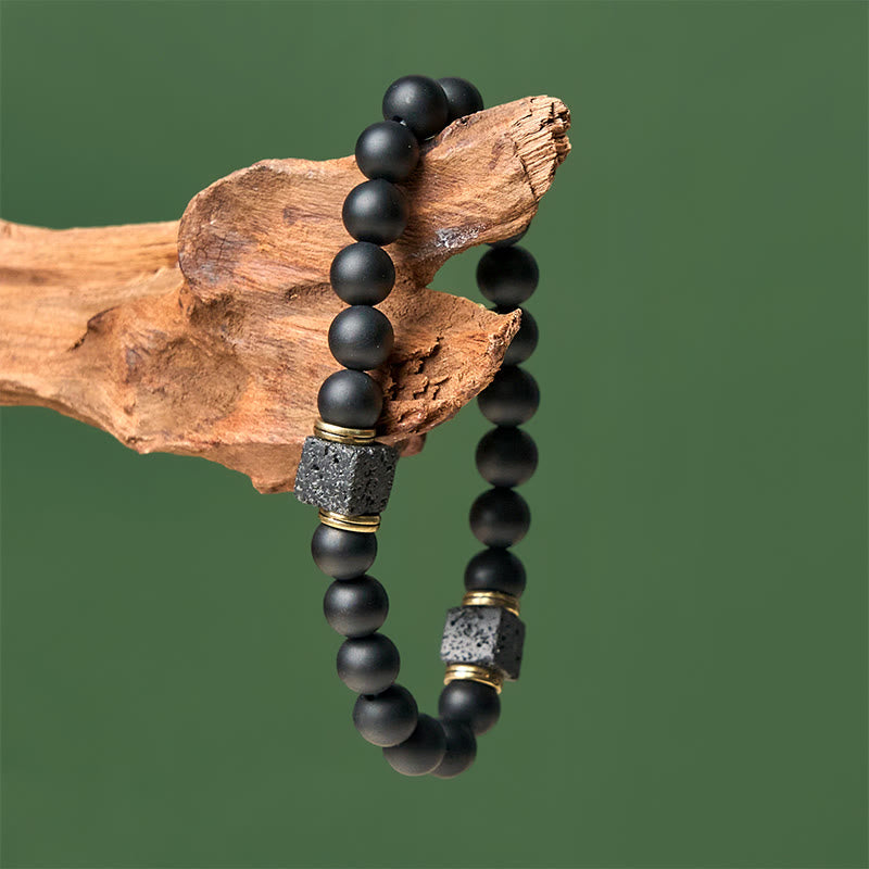 Bransoletka z naturalnego, matowego czarnego onyksu z Buddha Stones , kwadratowa, z lawą wulkaniczną i kamieniami fortuny - image 3