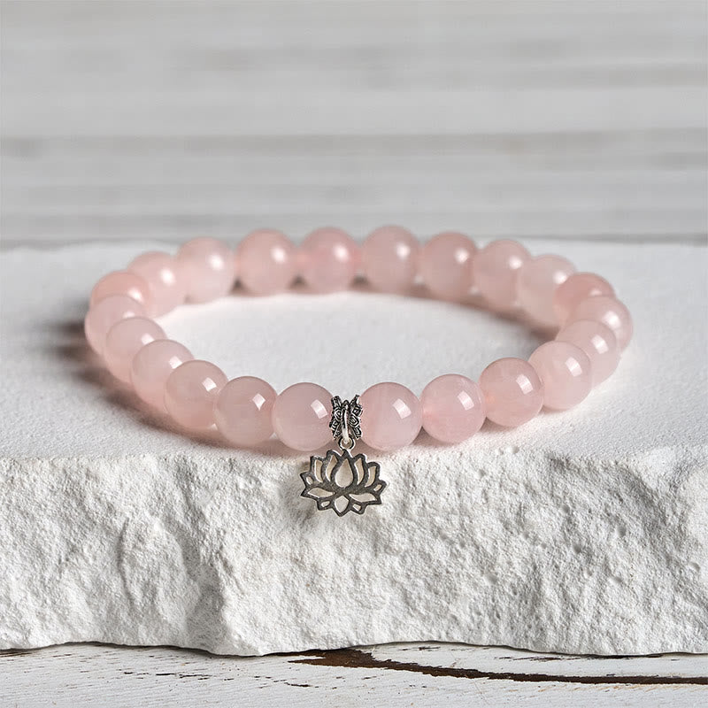 Bransoletka kojąca z Buddha Stones ze srebra próby 925 z motywem lotosu i naturalnym różowym kryształem - 20 cm - 8 mm - image 0
