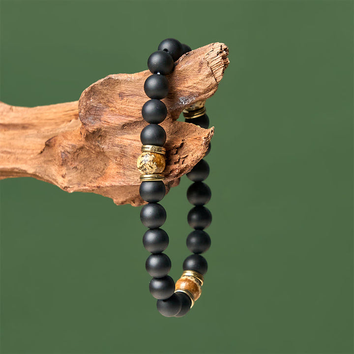 Bransoletka z naturalnego matowego czarnego onyksu z jaspisu obrazkowego "Fortune" z Buddha Stones - image 4