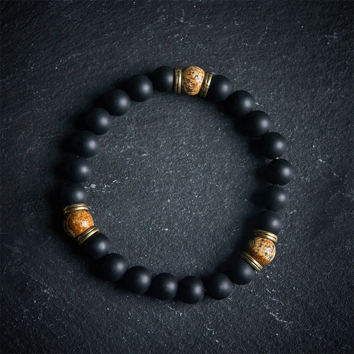 Bransoletka z naturalnego matowego czarnego onyksu z jaspisu obrazkowego "Fortune" z Buddha Stones - 20 cm - image 0