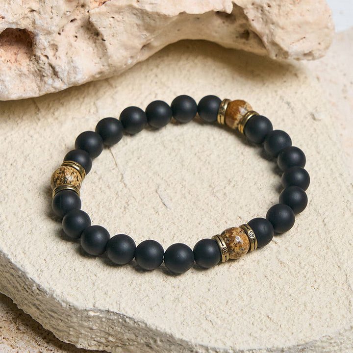 Bransoletka z naturalnego matowego czarnego onyksu z jaspisu obrazkowego "Fortune" z Buddha Stones - image 2