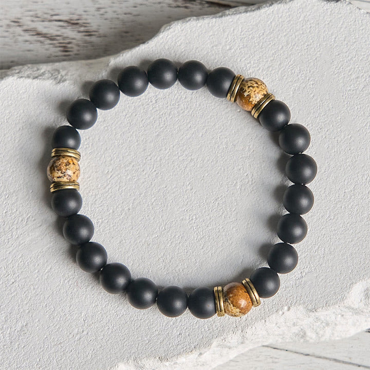 Bransoletka z naturalnego matowego czarnego onyksu z jaspisu obrazkowego "Fortune" z Buddha Stones - image 1
