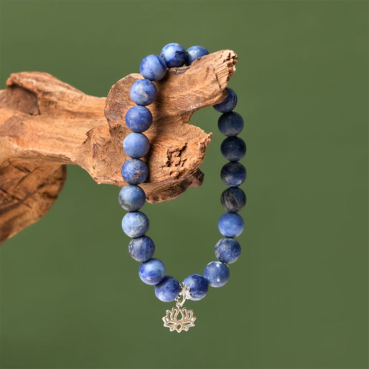 Bransoletka z Buddha Stones ze srebra próby 925, motywem lotosu, naturalnymi koralikami sodalitu i harmonii - image 3