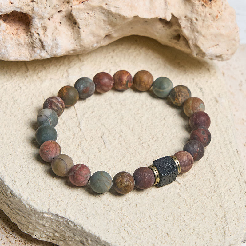 Bransoletka z Buddha Stones , naturalny kwadratowy jaspis Picasso z lawy wulkanicznej - 21 cm - image 0