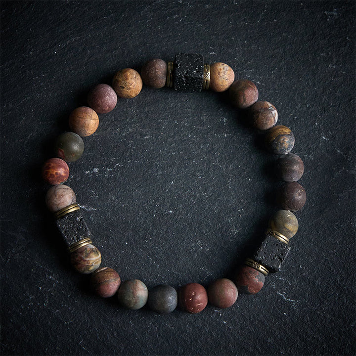 Bransoletka z Buddha Stones, naturalny kwadratowy jaspis Picasso z lawą i pozytywną skałą - 21 cm - image 0
