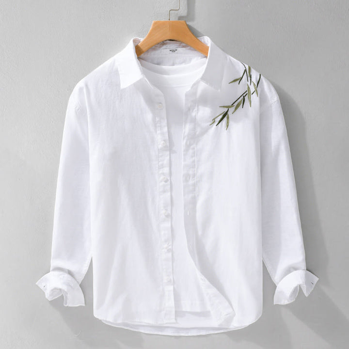 Koszula męska z długim rękawem z bawełny i lnu z haftowanymi Buddha Stones - Biały - US/UK/AU42， EU52 (3XL) - image 5