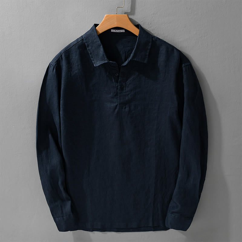 Koszula męska z długim rękawem z czystego lnu, z guzikami i jednolitym kolorem „Buddha Stones” - MidnightBlue - US/UK/AU42， EU52 (3XL) - image 0