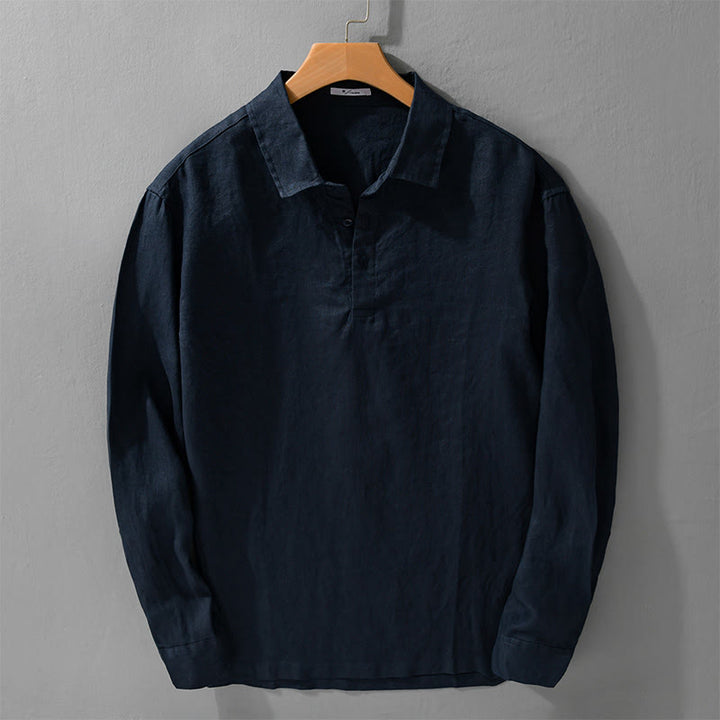 Koszula męska z długim rękawem z czystego lnu, z guzikami i jednolitym kolorem „Buddha Stones” - MidnightBlue - US/UK/AU42， EU52 (3XL) - image 0