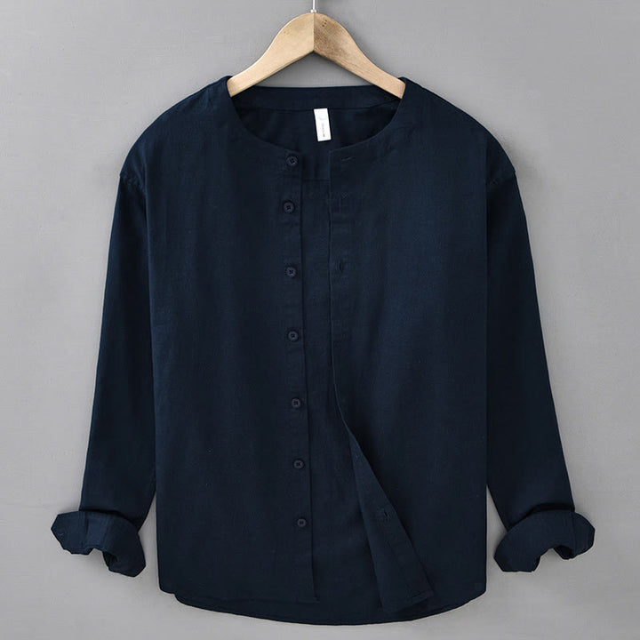 Koszula męska z długim rękawem i stójką z bawełny lnianej "Buddha Stones" w kolorze pure color - MidnightBlue - US/UK/AU42， EU52 (3XL) - image 0