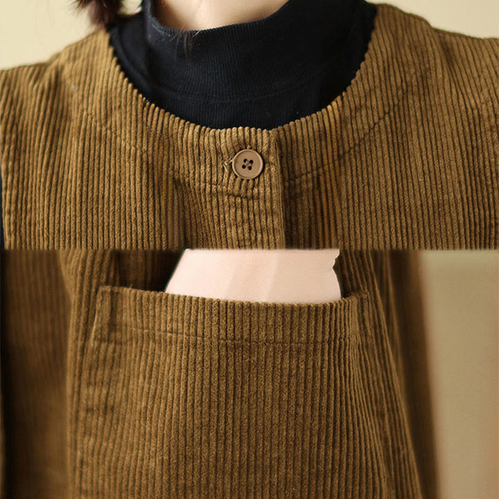 Sukienka midi z bawełny sztruksowej z kieszeniami i bez rękawów, z motywem Buddha Stones w stylu retro, z guzikami - image 18