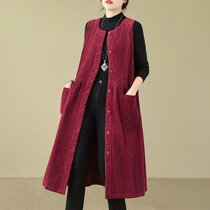 Sukienka midi z bawełny sztruksowej z kieszeniami i bez rękawów, z motywem Buddha Stones w stylu retro, z guzikami - image 23