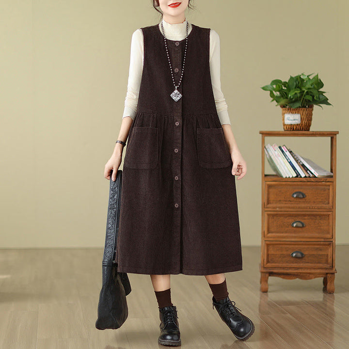 Sukienka midi z bawełny sztruksowej z kieszeniami i bez rękawów, z motywem Buddha Stones w stylu retro, z guzikami - SaddleBrown - US12, UK/AU16, EU44 (3XL) - image 0