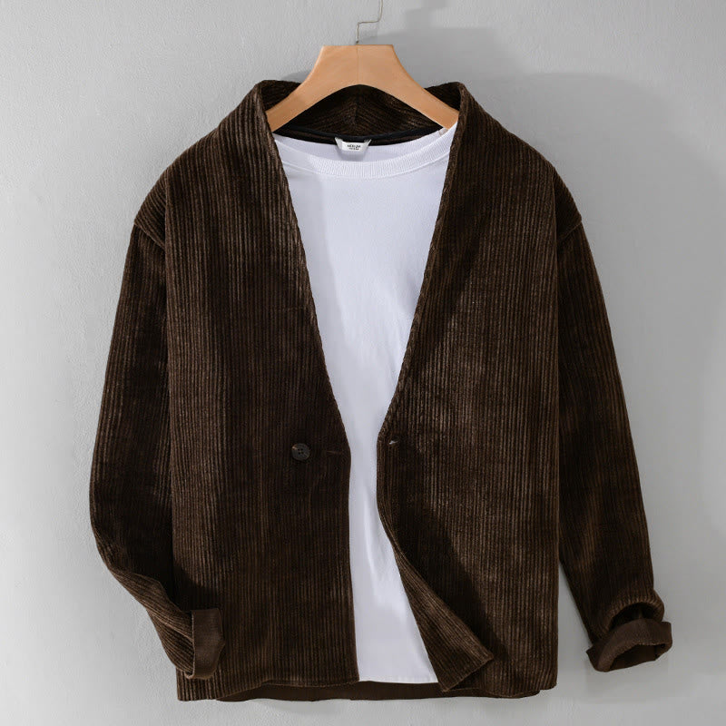 Kurtka męska Buddha Stones Commute z dekoltem w serek i prostym prążkowanym wzorem i długim rękawem - SaddleBrown - US/UK/AU42， EU52 (3XL) - image 7