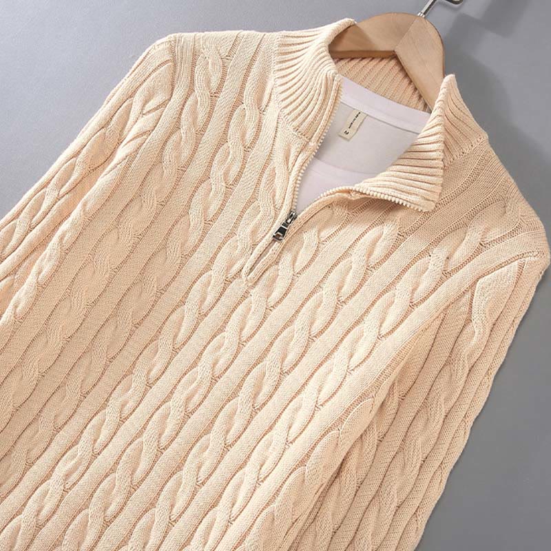 Męski sweter z długim rękawem z bawełny z długim rękawem i teksturą "Buddha Stones" w kolorze zimowym, z wysokim kołnierzem i zamkiem błyskawicznym - image 6