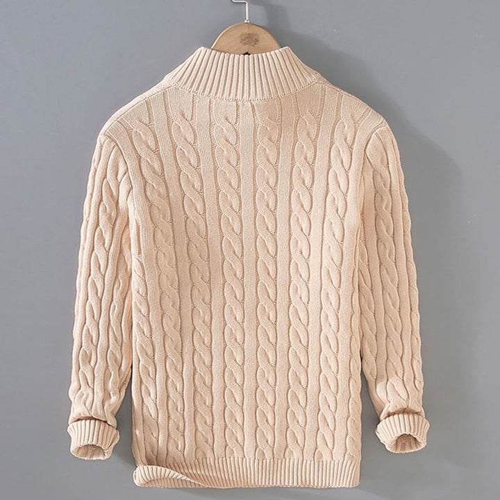 Męski sweter z długim rękawem z bawełny z długim rękawem i teksturą "Buddha Stones" w kolorze zimowym, z wysokim kołnierzem i zamkiem błyskawicznym - image 5