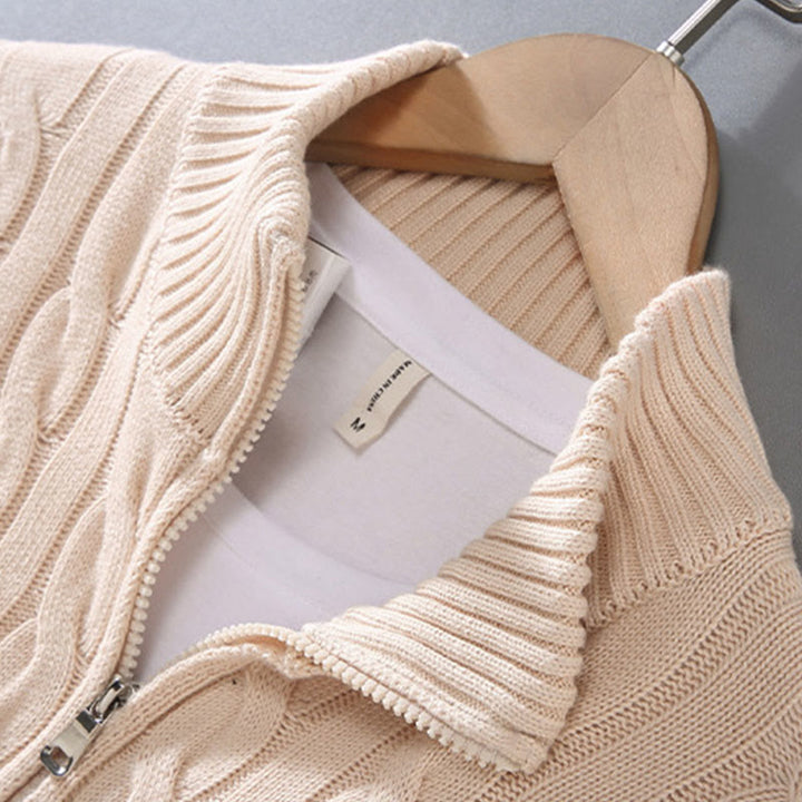 Męski sweter z długim rękawem z bawełny z długim rękawem i teksturą "Buddha Stones" w kolorze zimowym, z wysokim kołnierzem i zamkiem błyskawicznym - image 7