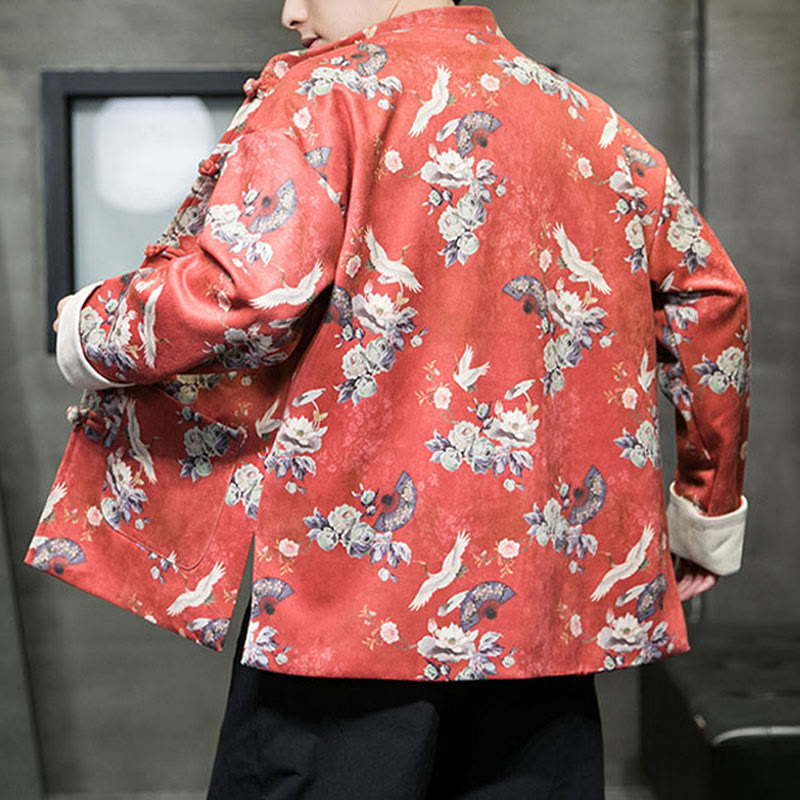 Buddha Stones Chiński Nowy Rok Ubrania Kwiaty Fan Ptaki Żaba-guzik Tang Garnitur Bawełna Męska Kurtka Koszula Z Kieszeniami - image 4
