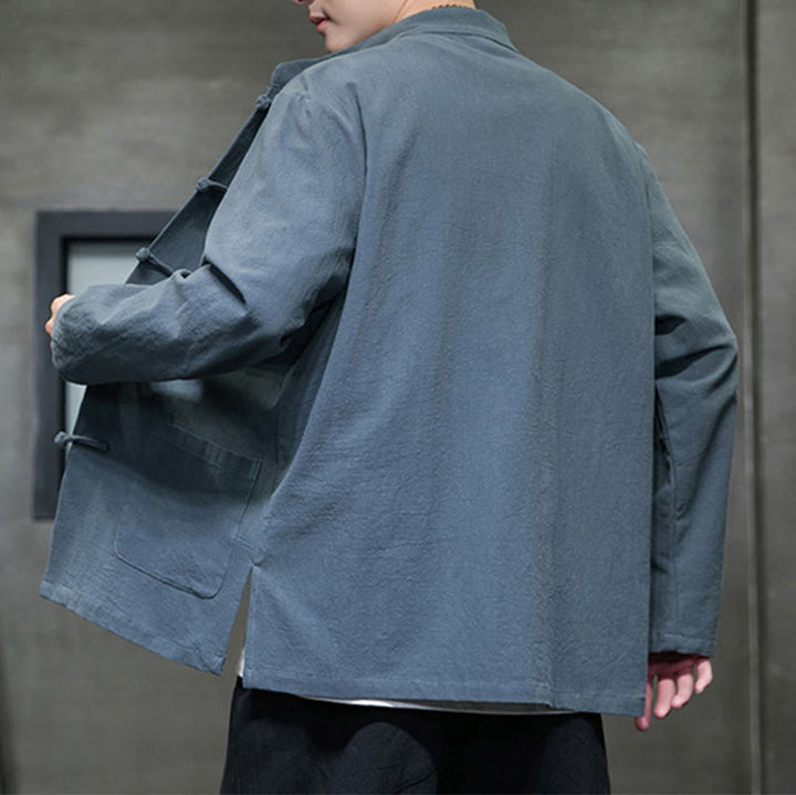 Buddha Stones Jednokolorowy Żabka-guzik Garnitur Tang Bawełna Lniana Męska Kurtka Koszula Z Kieszeniami - image 7