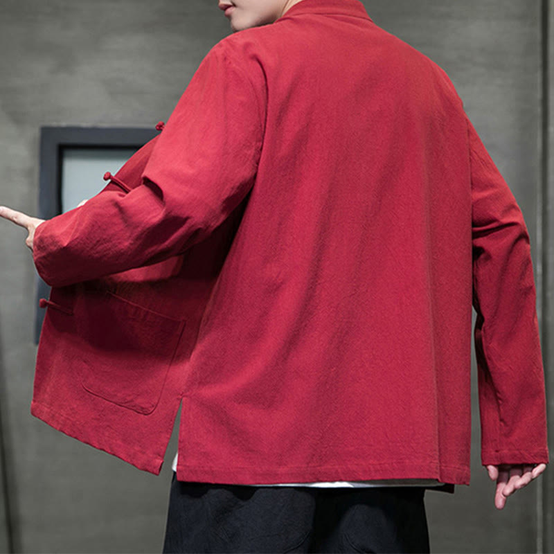 Buddha Stones Jednokolorowy Żabka-guzik Garnitur Tang Bawełna Lniana Męska Kurtka Koszula Z Kieszeniami - image 39