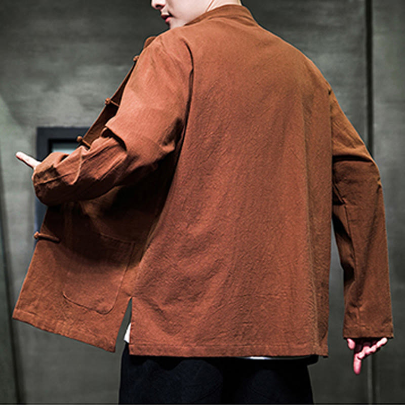 Buddha Stones Jednokolorowy Żabka-guzik Garnitur Tang Bawełna Lniana Męska Kurtka Koszula Z Kieszeniami - image 24