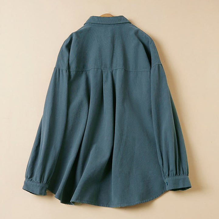 Koszula damska z długim rękawem i stójką z bawełny "Buddha Stones" z guzikami i swobodnym wzorem - image 1