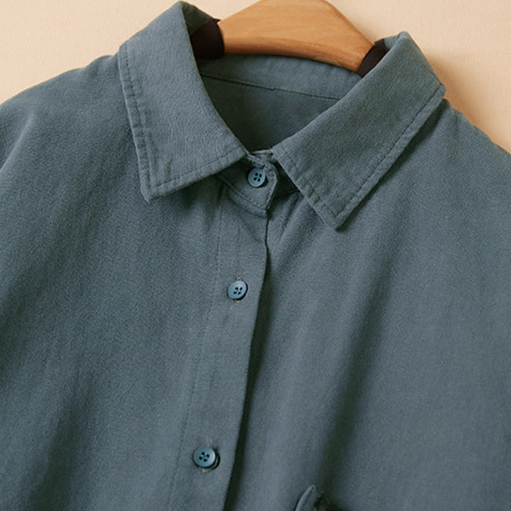 Koszula damska z długim rękawem i stójką z bawełny "Buddha Stones" z guzikami i swobodnym wzorem - image 4