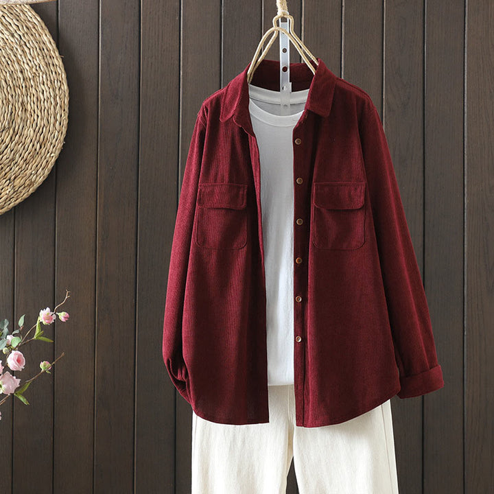 Kurtka damska z długim rękawem i kieszeniami z tkaniny sztruksowej Buddha Stones Corduroy - Cegła ogniotrwała - US8-10，UK/AU12-14，EU40-42 (2XL) - image 12