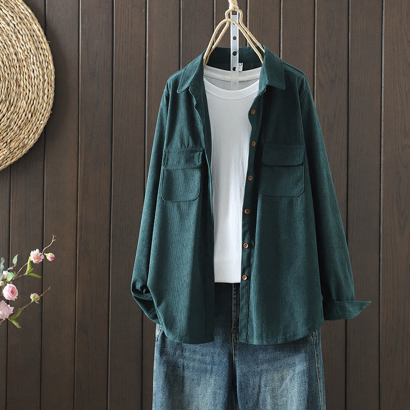 Kurtka damska z długim rękawem i kieszeniami z tkaniny sztruksowej Buddha Stones Corduroy - DarkSlateGray - US8-10，UK/AU12-14，EU40-42 (2XL) - image 18