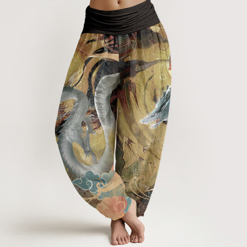 Buddha Stones Czysta bawełna Smok Pomyślne chmury Wzór Damskie spodnie haremowe z elastyczną talią - Żółty - US22, UK/AU26, EU54 (6XL) - image 0