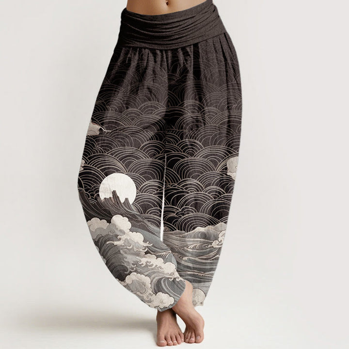 Buddha Stones Czysta bawełna Casual Wave Moon Mountain Pattern Damskie spodnie haremowe z elastyczną talią - Czarny - US22, UK/AU26, EU54 (6XL) - image 0