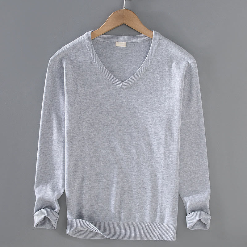 Sweter męski z długim rękawem w jednolitym kolorze z dekoltem w serek i bawełny w prostym wzorze z Buddha Stones - Gainsboro - US/UK/AU42， EU52 (3XL) - image 0