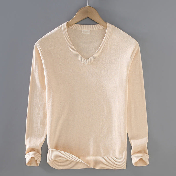 Sweter męski z długim rękawem w jednolitym kolorze z dekoltem w serek i bawełny w prostym wzorze z Buddha Stones - PapayaWhip - US/UK/AU42， EU52 (3XL) - image 8