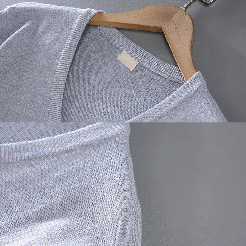 Sweter męski z długim rękawem w jednolitym kolorze z dekoltem w serek i bawełny w prostym wzorze z Buddha Stones - image 4