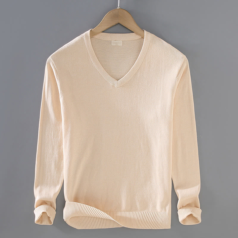 Sweter męski z długim rękawem w jednolitym kolorze z dekoltem w serek i bawełny w prostym wzorze z Buddha Stones - PapayaWhip - US/UK/AU42， EU52 (3XL) - image 8