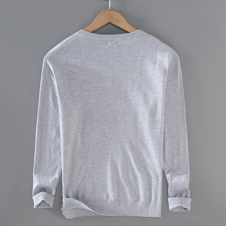 Sweter męski z długim rękawem w jednolitym kolorze z dekoltem w serek i bawełny w prostym wzorze z Buddha Stones - image 1