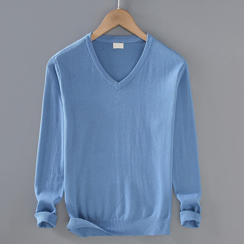 Sweter męski z długim rękawem w jednolitym kolorze z dekoltem w serek i bawełny w prostym wzorze z Buddha Stones - Chaber niebieski - US/UK/AU42， EU52 (3XL) - image 12