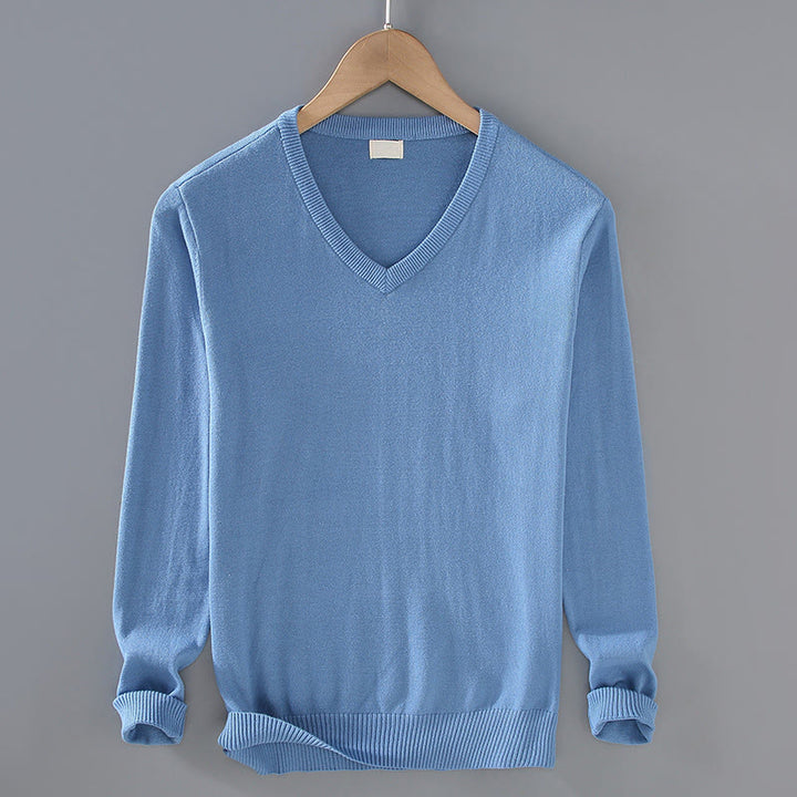 Sweter męski z długim rękawem w jednolitym kolorze z dekoltem w serek i bawełny w prostym wzorze z Buddha Stones - Chaber niebieski - US/UK/AU42， EU52 (3XL) - image 12