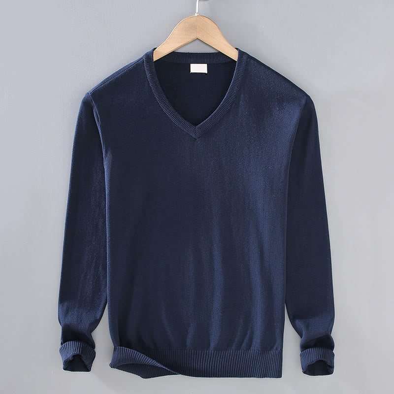 Sweter męski z długim rękawem w jednolitym kolorze z dekoltem w serek i bawełny w prostym wzorze z Buddha Stones - MidnightBlue - US/UK/AU42， EU52 (3XL) - image 10