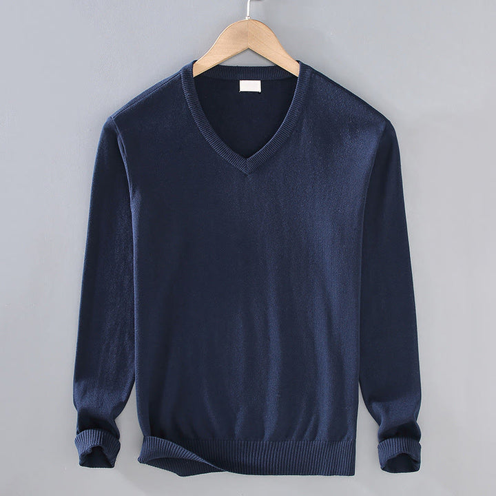 Sweter męski z długim rękawem w jednolitym kolorze z dekoltem w serek i bawełny w prostym wzorze z Buddha Stones - MidnightBlue - US/UK/AU42， EU52 (3XL) - image 10