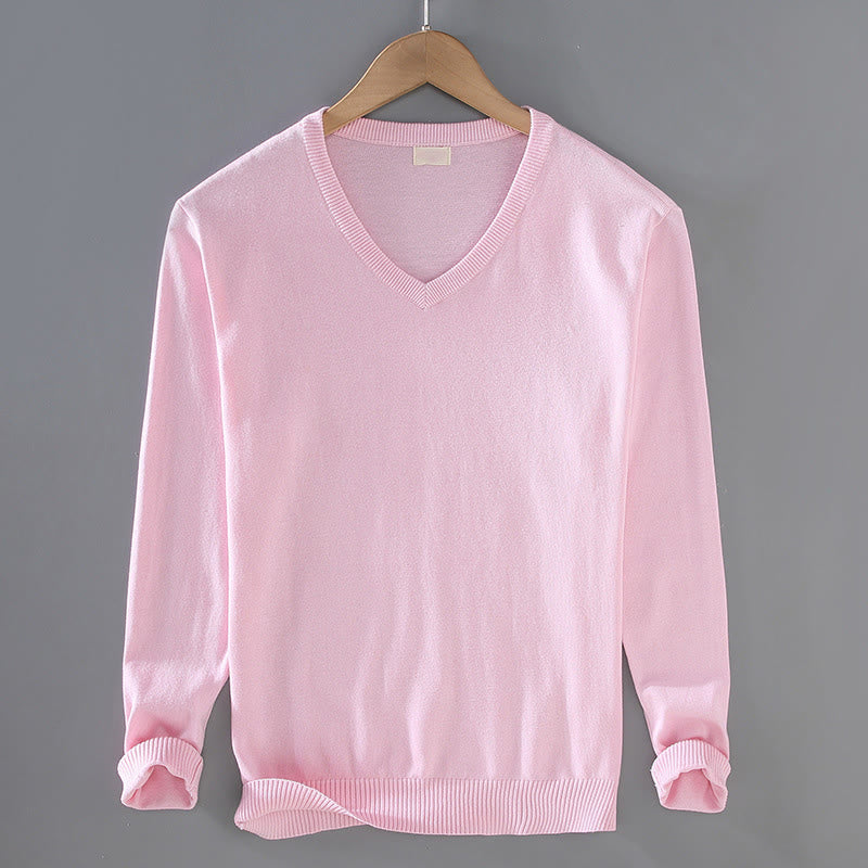 Sweter męski z długim rękawem w jednolitym kolorze z dekoltem w serek i bawełny w prostym wzorze z Buddha Stones - Różowy - US/UK/AU42， EU52 (3XL) - image 11