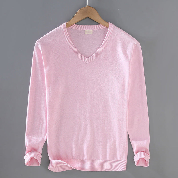 Sweter męski z długim rękawem w jednolitym kolorze z dekoltem w serek i bawełny w prostym wzorze z Buddha Stones - Różowy - US/UK/AU42， EU52 (3XL) - image 11