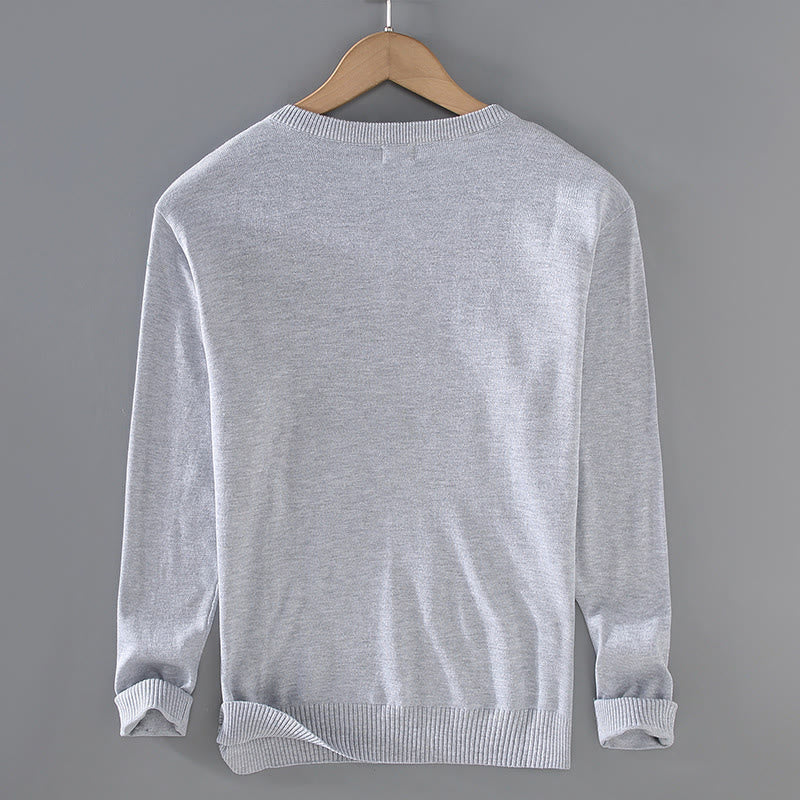 Sweter męski z długim rękawem w jednolitym kolorze z dekoltem w serek i bawełny w prostym wzorze z Buddha Stones - image 1