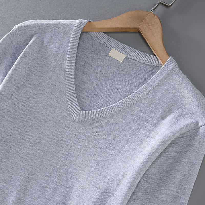 Sweter męski z długim rękawem w jednolitym kolorze z dekoltem w serek i bawełny w prostym wzorze z Buddha Stones - image 2