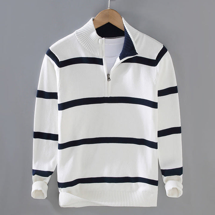 Sweter męski z długim rękawem z kontrastowymi paskami i kontrastowymi Buddha Stones, z bawełny, z półzamkiem - Biała PółnocNiebieski Pasek - US/UK/AU42， EU52 (3XL) - image 1